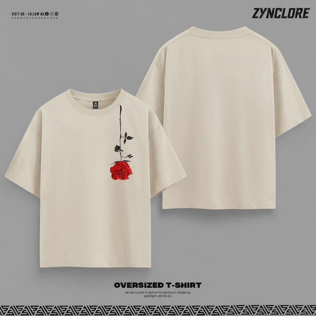 Red Rose Minimal Graphic Beige T-Shirt